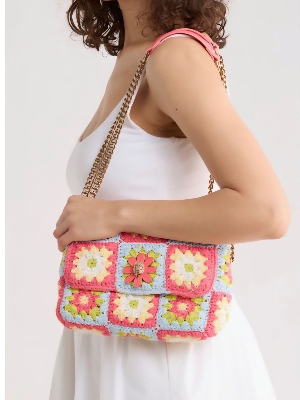 NWT Kurt Geiger Pink Multicolor Crochet Floral Chain Shoulder Bag